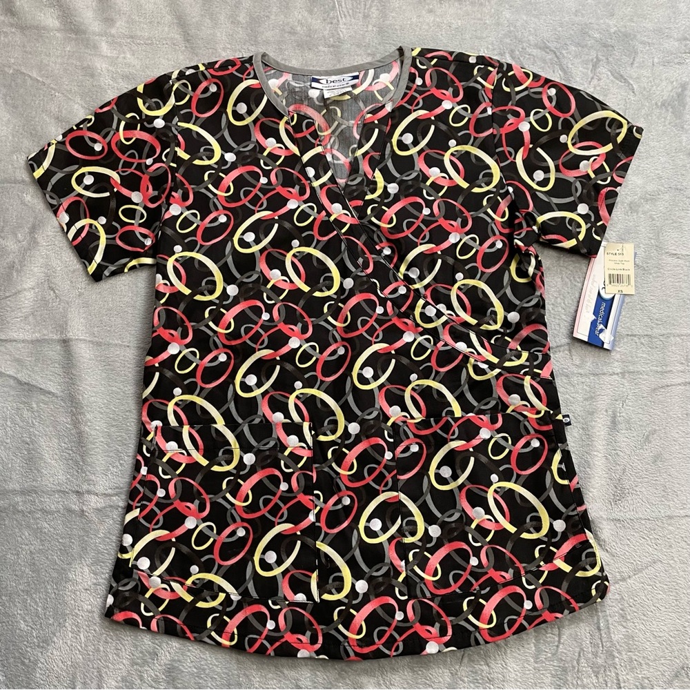 Scrub Top XS Womens NWT Circle Link Multi Princess Style Mock Wrap Best